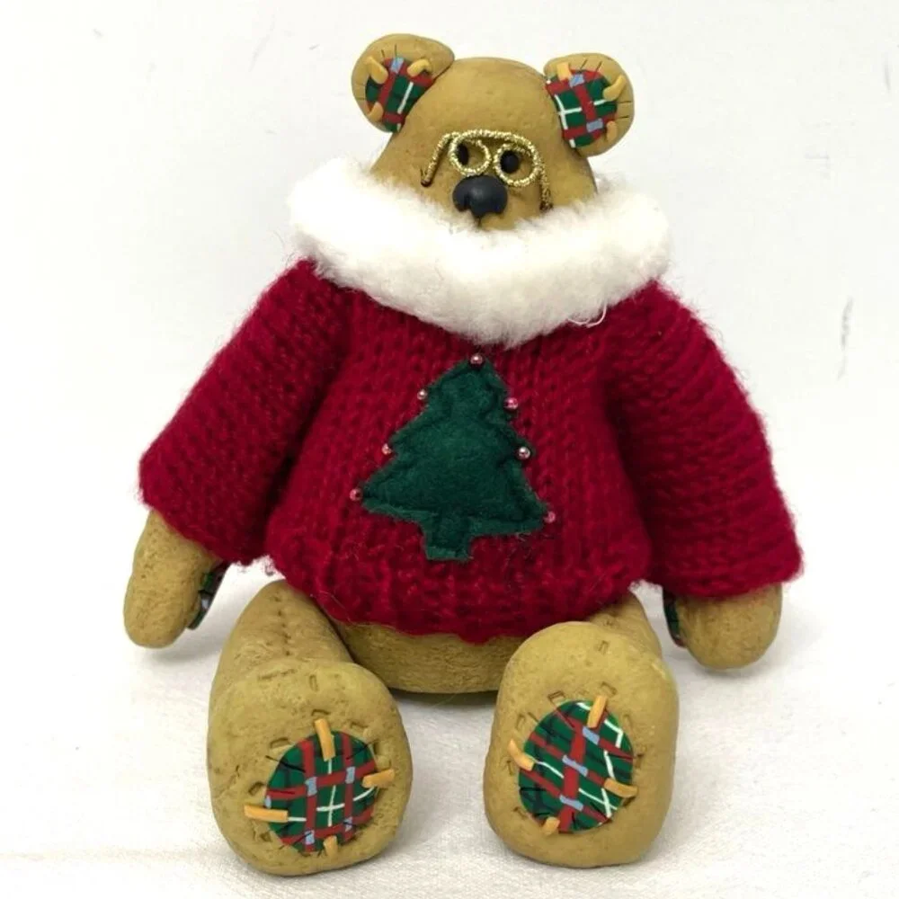 Teddy Bear Shelf‎ Sitter Folk Art Red Sweater Green Christmas Tree